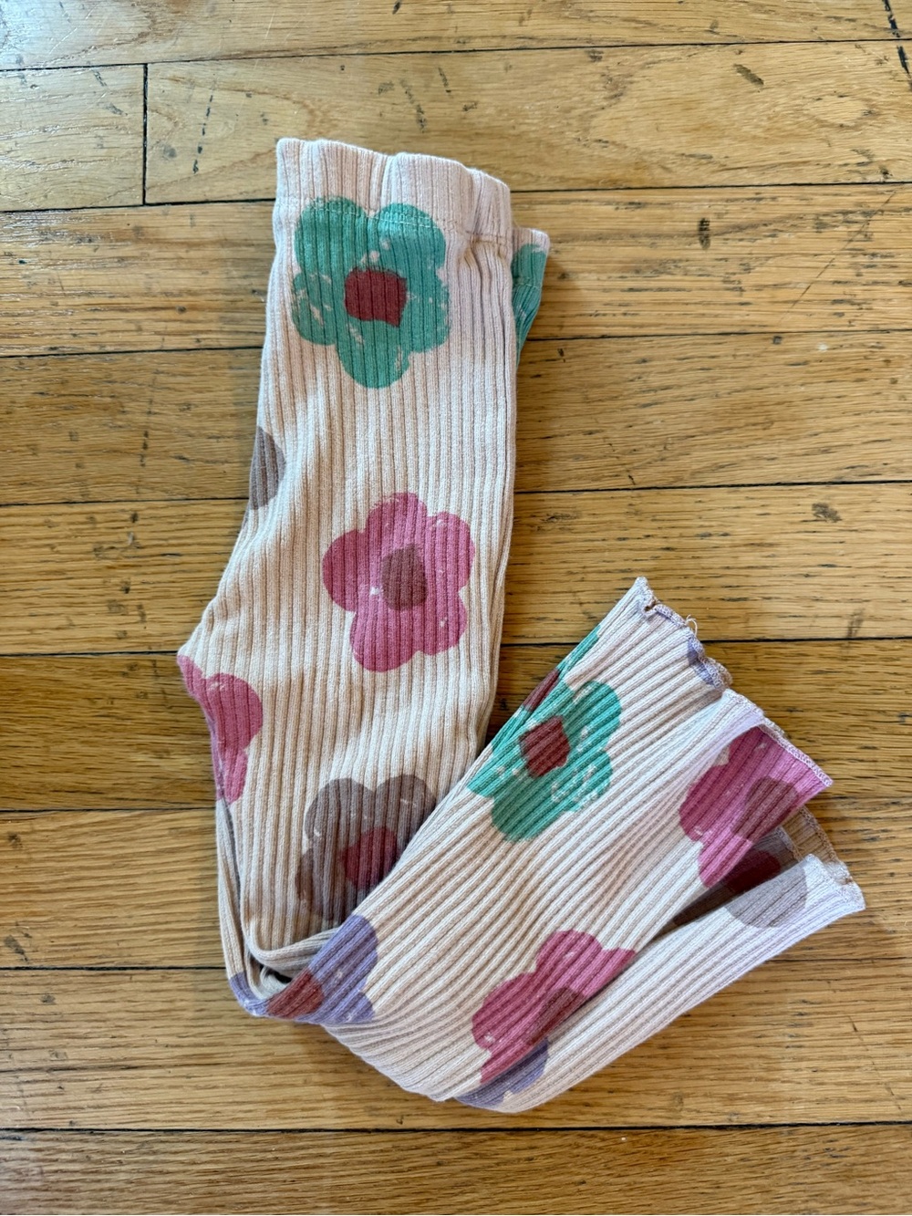 Zara Pink Floral Ribbed Kids Leggings with Green Accents